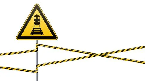 Caution - danger Warning sign safety. Beware of train. yellow triangle with Stock Illustration