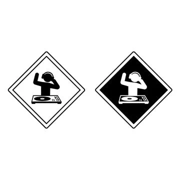 Caution DJ At Work Signs. Black and White Vector Icons. Humorous Music Sign.. Stock Illustration