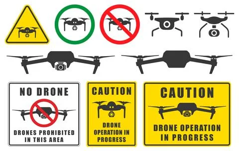 Caution Drone operation in progress. Quadcopter flying icon symbol Stock Illustration