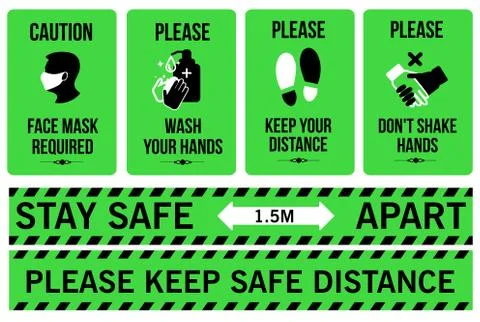 Caution a face mask is required, wash your hands, please keep your distance. Stock Illustration