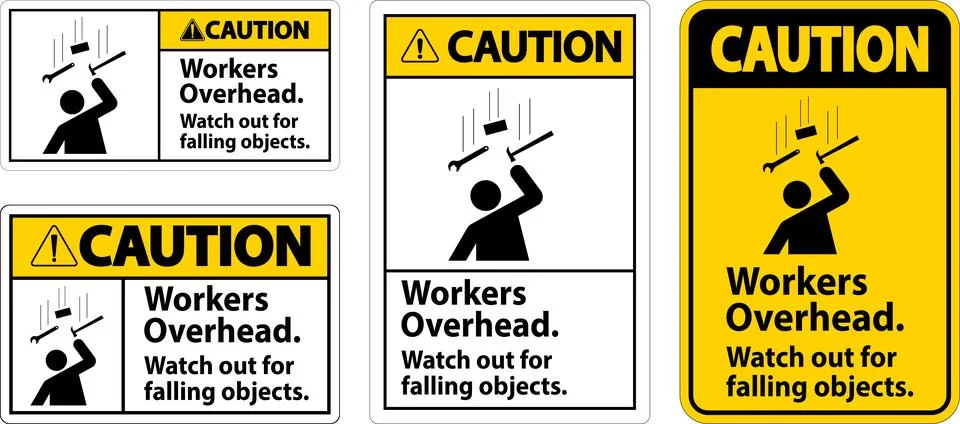 Caution Falling Debris Sign, Workers Overhead Falling Objects Stock Illustration
