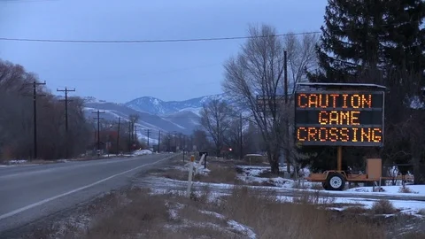Caution Game Crossing Sign outside Salmon, Idaho Stock Footage 98972867