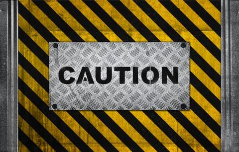 Caution label metal panel on black and yellow striped pattern of industrial c Stockfoto's