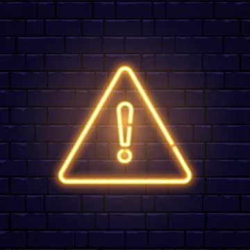 Caution neon sign on brick wall. Glowing gold exclamation mark icon. Warning  Stock Illustration