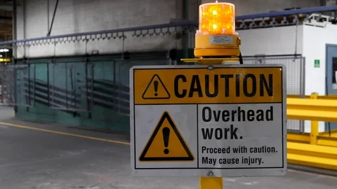 Caution Overhead Work Sign Blinking Light Video stock 108864746