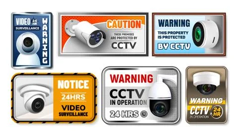 Caution Protect Cctv Nameplates Posters Set Vector Stock Illustration