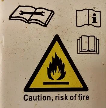 Caution risk of fire warning symbol with instructional icons Stock-Fotos