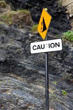 Caution rock fall sign on Ballybunion beach Stock Photos