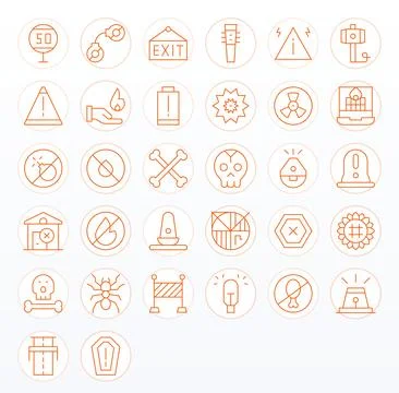 Caution Scalable Vector Set featuring 32 Editable Thin Line 64x64 Icons Stock Illustration