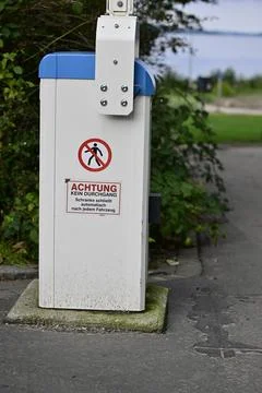 Caution Sign on Barrier Control Box Stock Photos