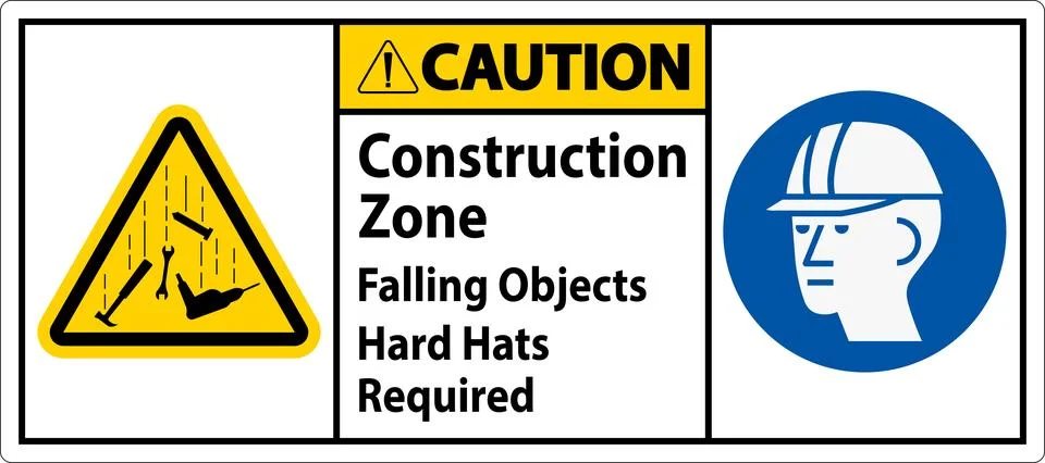 Caution Sign, Construction Zone, Falling Objects Hard Hats Required Stock Illustration