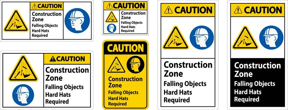 Caution Sign, Construction Zone, Falling Objects Hard Hats Required Stock Illustration