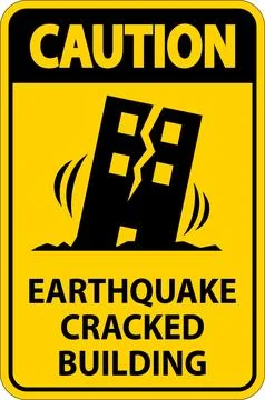 Caution Sign for Earthquake Damaged Building with Cracks and Warning Symbol Ilustración de archivo
