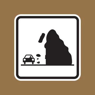 Caution Sign for Falling Rocks with Car Illustration on a Brown Background Stock Illustration