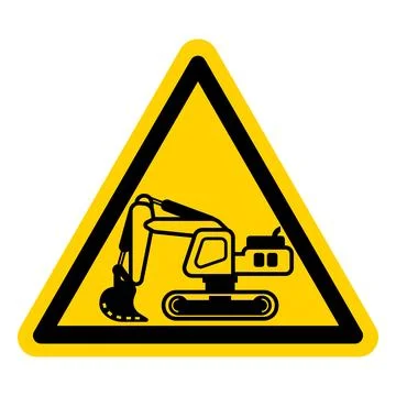 Caution Sign Featuring Excavator on Yellow Triangle Background Stock Illustration