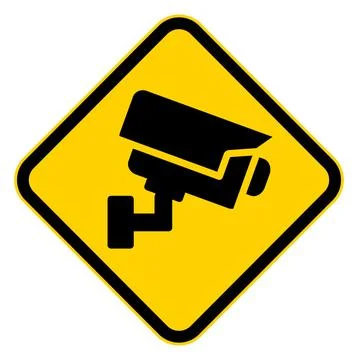 Caution Sign Featuring Security Camera Illustration on Yellow Background Illustrazione stock