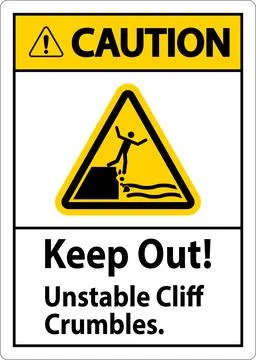 Caution Sign, Keep Out Unstable Cliff Crumbles Ilustração Stock