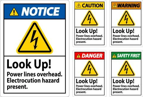 Caution Sign Look Up Power Lines Overhead, Serious Injury May Result Ilustração Stock
