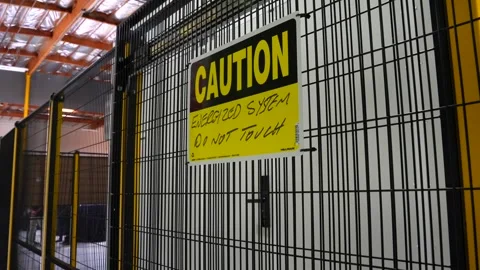 Caution Sign Outside Secure Data Center Facility Entrance with Metal Securi.. Video stock 341700849