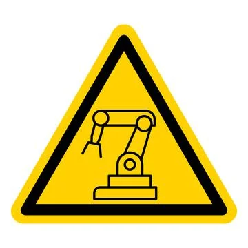 Caution Sign with Robotic Arm on Yellow Background for Industrial Safety Use Stock Illustration