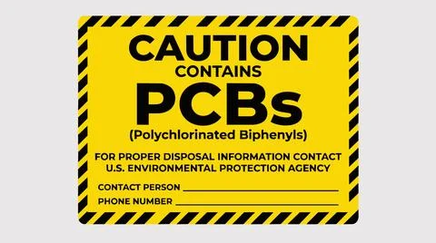 Caution sign with yellow background and black text warning of PCBs presence. Illustrazione stock