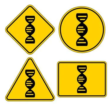 Caution Signs Featuring DNA Helix Symbols on Various Shapes for Safety Illustration
