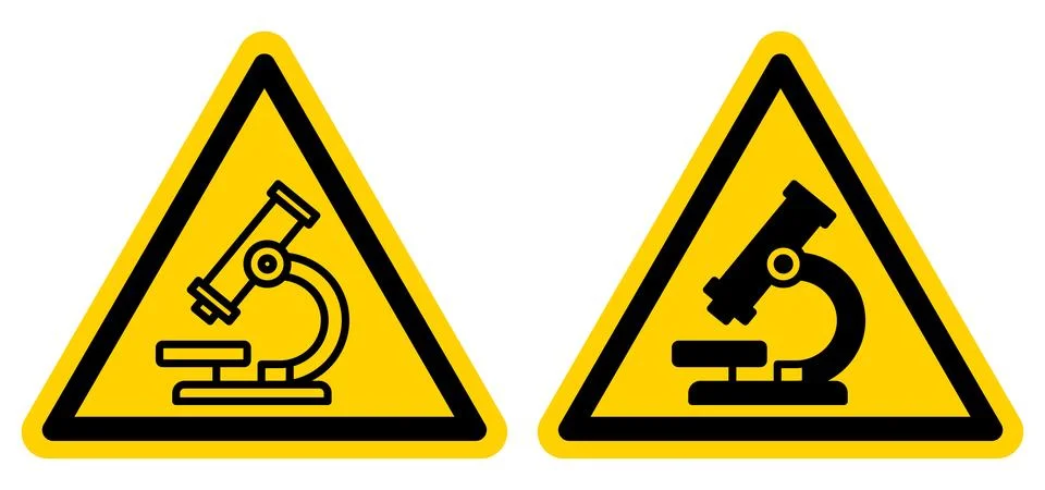 Caution Signs Featuring Microscope Illustrations in Yellow Warning Triangles Stock Illustration