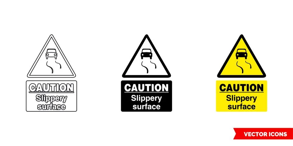 Caution slippery surface warning sign icon of 3 types color, black and white, Stock Illustration