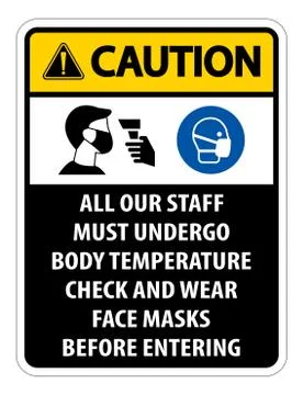 Caution Staff Must Undergo Temperature Check Sign on white background Stock Illustration