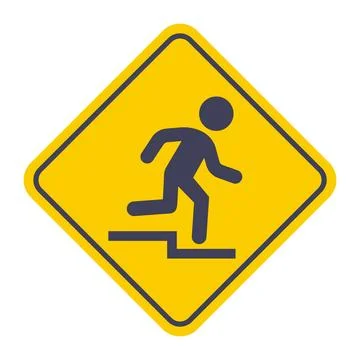Caution stairs down yellow sticker. Ilustración de archivo