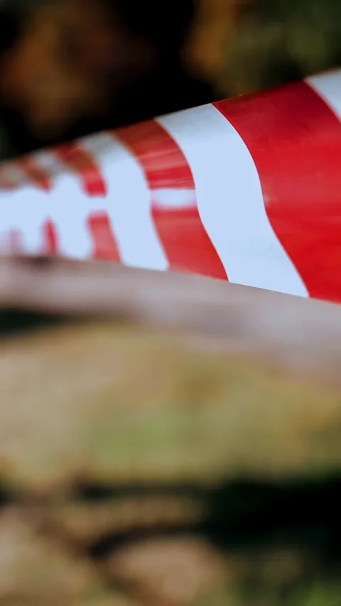Caution tape. close-up. Protection sign. red and white stripe with blurred Stock Footage 319088902