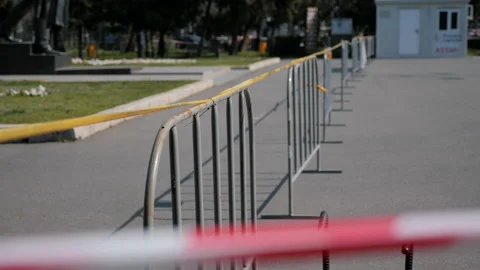 Caution Tape at Closed Park due to Coronavirus outbreak, May 5th 2020 Bucharest. Stock Footage 132278109
