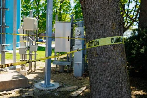 Caution tape marks off area around utility equipment near a tree in a publi.. 写真素材