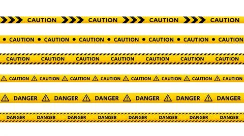 Caution tape set. Yellow and black danger warning stripes collection. Repeating Stock Illustration