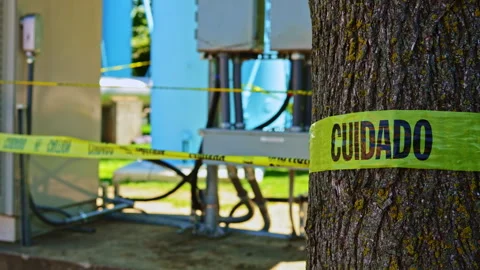 Caution tape surrounds electrical equipment near a tree in a park during daytime Stock Footage 340179562
