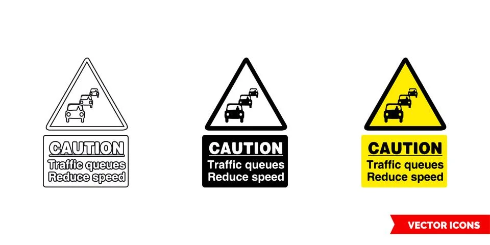 Caution traffic queues reduce speed warning sign icon of 3 types color, black Illustrazione stock