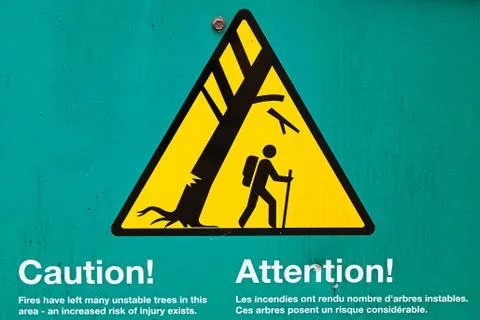 A caution unstable trees in area sign Stock Photos