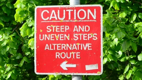Caution warning sign of steep and uneven steps selby united kingdom Stock Footage 171321225