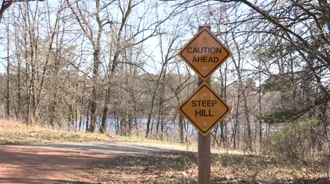 Caution Warning Sign on a Trail Stock Footage 49438276