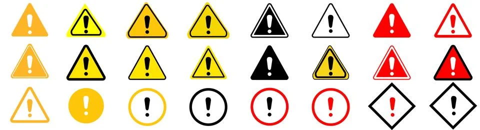 Caution warning signs set. attention vector icon, yellow, red and black fatal Stock Illustration