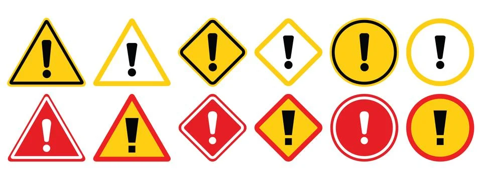 Caution warning signs set. Simple yellow and red stop road signs with exclama Stock Illustration