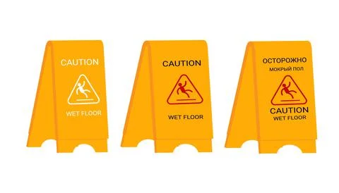 Caution, wet floor and warning sign on a traditional yellow background. cleaning Illustrazione stock