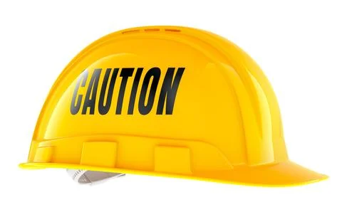 Caution, yellow construction helmet with text. 3D rendering Stock-Illustration