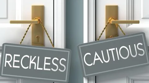 Cautious or reckless as a choice in life - pictured as words reckless, cautio Stock Illustration