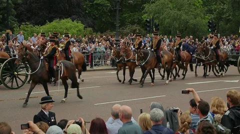 Cavalry and artillery at Trooping the Colour parade on June 19, 2014 in London Stock Footage 45854478