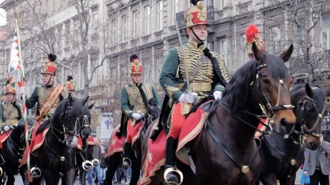 Cavalry rides in hussars parade Stock Footage 82512966