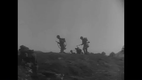 Cavalrymen in the 7th and 1st division unite and the 38th Parallel is shown and Stock Footage 99349760