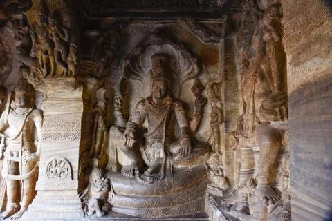 Cave 3 in Badami cave complex showing Maha Vishnu seated on Sheshanaga Stock Photos