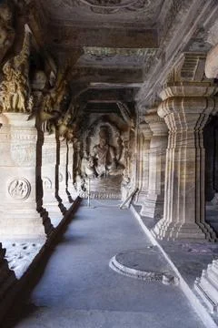 Cave 3 in Badami cave complex showing Maha Vishnu seated on Sheshanaga Stock Photos