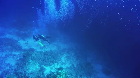 Cave dive underwater diving blue scuba divers exploring Stock Footage 99013417